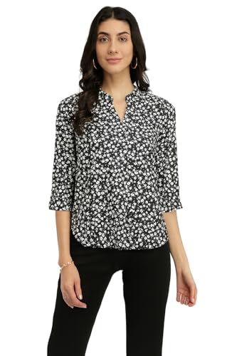 Image of FableStreet Women Shirt Work & Casual | Relaxed Fit Mandarin V-Neck Three-Quarter Sleeves Solid Pattern | Breathable Woven Fabric for Office & Everyday Wear
