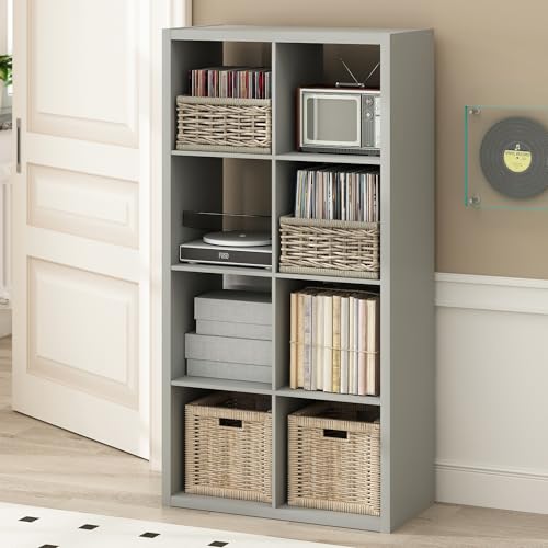 Image of Furinno Cubicle Record Player Stand, 8-Cube Record Storage, Light Grey | Vinyl Storage, 1.2 inchInch Extra Thick, Open Back Media Shelf for CD DVD Bluray Game Disc, for Living Room, Home Office