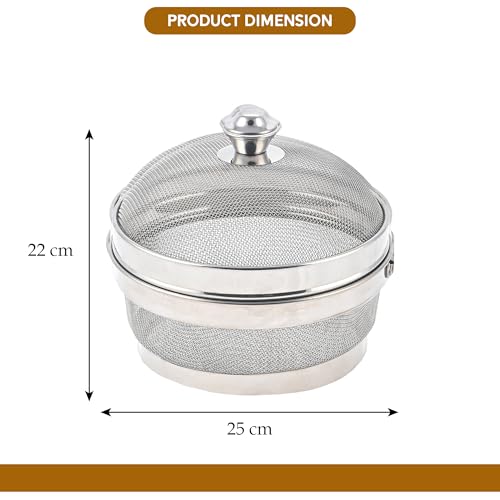 Image of Kuber Industries 10 Inch Stainless Steel Mesh Fruit Basket for Dining Table with Lid Net Cover | Strainer Vegetable Basket for Modular Kitchen | Keep Flies Bugs Mosquitoes Away | Silver
