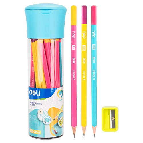 Deli Columnar Cased Pre-Sharpened Wooden #2 HB Pencils with Sharpener, Writing Gesture Enlightenment Grip, 30-Count