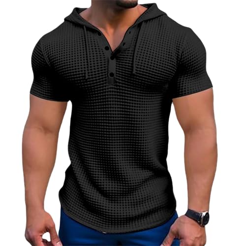 Mens Hoodies Drawstring Waffle Knit Tops Slim Fit Lightweight Summer Hooded Sweatshirt Gym Muscle Fit T Shirts Tshirt Black