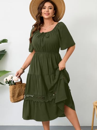 Image of RWJ Women's Plus Size Maxi Dress Short Sleeve Square Neck Flowy A-Line Lace Trim Flutter Party Casual Off Shoulder Dresses
