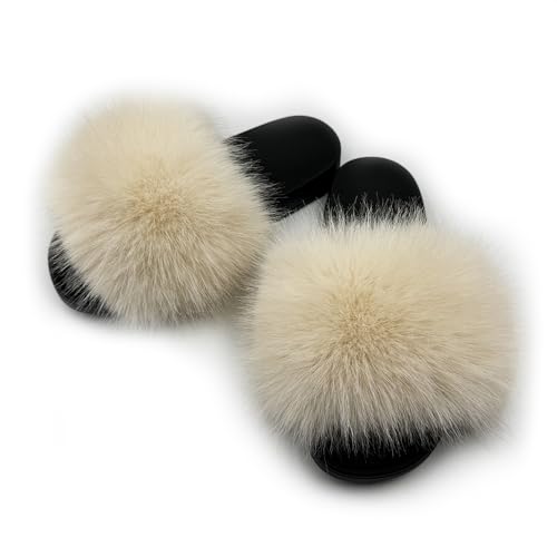 Image of Women's Faux Fur Slides Slippers Fluffy Fuzzy Sandals Open Toe Furry Slide Flip Flop Indoor Outdoor
