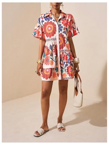 Image of SOLY HUX Women's Floral Button Down Shirt Dress Collared Short Sleeve Ruffle Babydoll Summer Boho Vacation Short Dresses