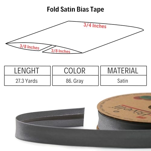 Image of Fold Satin Bias Tape - 99+ Colors - 3 /4 Inches Wide - 27 Yards - Fold Satin Binding Bias Ribbon Fabric Piping Bias Binding Tape for Sewing Clothing DIY (86.Gray) BYS86