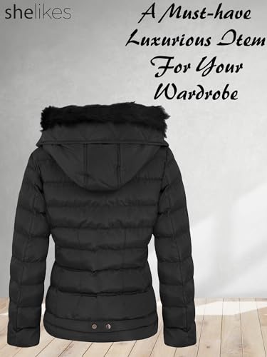 shelikes Womens Hooded Winter Jacket Quilted Padded Warm Coat Parka Jacket With Faux Fur Hood & Zip Pocket - Image 3