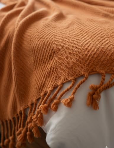 Image of HAKAM Orange Cotton Herringbone Throw Blanket for Bed, Sofa, Couch | Lightweight Decorative Blanket for Living Room & Home Decor | 50 X 60 Inch