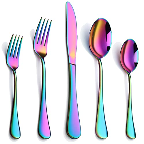Colorful Flatware Set 30 Piece, Stainless Steel Rainbow Silverware Cutlery Set for 6, Utensils Set Include Knives Forks Spoons, Mirror Finish and Dishwasher Safe Colorful Flatware Set 30 Piece, Stainless Steel Rainbow Silverware Cutlery Set for 6, Utensils Set Include Knives Forks Spoons, Mirror Finish and Dishwasher Safe