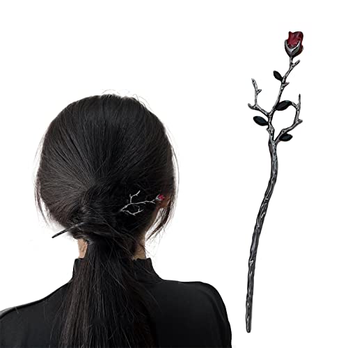 Palillos de pelo negro con diseño de rosa roja, para moño, accesorios de pelo para mujeres y niñas
