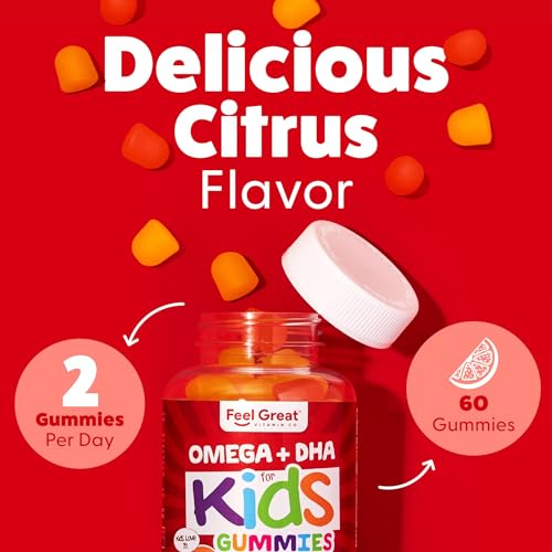 Image of Feel Great Vitamins Omega 3 for Kids | DHA Gummies for Kids with Plant-Based Omega 3 6 9 + Vitamin C | Supports Brain, Vision & Heart Health | Vegetarian, No Fishy Taste | 60 Gummies