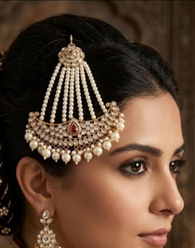 Image of Gold-Plated Head Passa Jewelry For Women Kundan Pearl Studded & Beaded Passa /Matha Patti Jhoomar Jewellery for Women & Girls