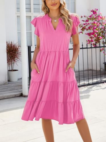 Image of Womens Summer Dress Ruffle Sleeve V Neck Midi Dresses Casual Fit Flowy Tiered Boho Beach Vacation Sundress
