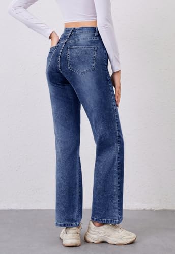 Women's High Waist Jeans Straight Leg Jeans Casual Distressed Stretchy Denim Pants with Pockets4