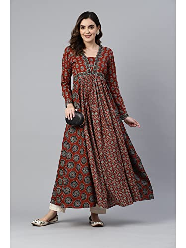 Image of Vbuyz Women's Floral Print Anarkali Cotton Aqua Blue Stitched Kurta | Anarkali Kurti for Women | Kurta for Women