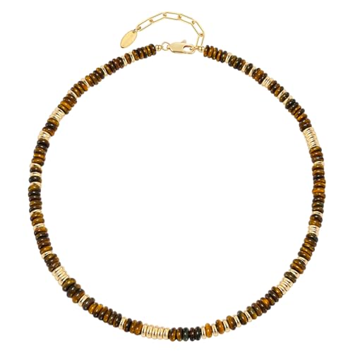 NVWAROCK Beaded Necklace for Women, Boho Beach Handmade Tiger's Eye Bead Choker, 14K Gold Plated Stackable Bohemian Brown Natural Stone Necklace