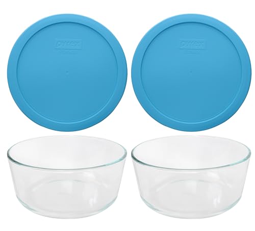 Pyrex 7203 Cuencos de vidrio de 7 tazas con tapas Pantone azules 7402 PC (paquete de 2) – Fabricado en los Estados Unidos
