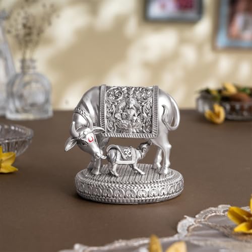 Image of Svastika 999 Silver Plated Kamdhenu Cow with Calf Idol | 3.5 Inch Kamadhenu Gomatha Vastu Showpiece | Kaamdhenu Idol for Puja | Anniversary Wedding Housewarming Gift