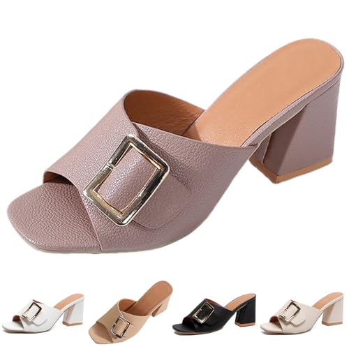 Women's Leather Buckle Decor Fish Mouth Chunky Heeled Sandals Slides Fashion Comfortable Square Open Toe Summer Slip On Dress Block Heel Dress Sandals for Outdoor Wedding Date Party