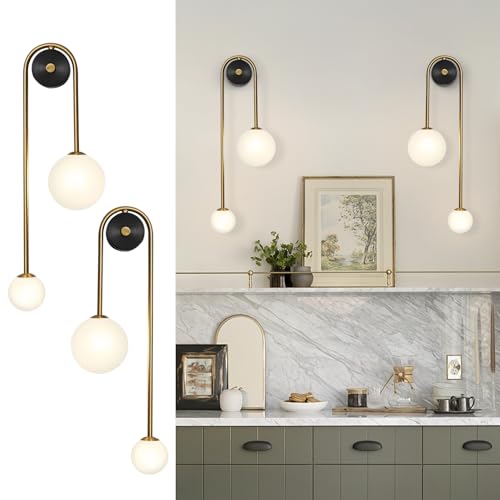 Image of Globe Glass Wall Sconce, 2-Lights Gold Modern Brushed Brass Wall Mount Light, Mid Century Beside Wall Lamp with Glass Shade for Loft Living Room Bedroom
