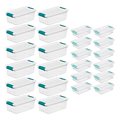 Sterilite 6 Quart Clear Latch Lid Stackable Storage Box Tote, 12 Pack, and Small Clear Latch Lid File Clip Box, 12 Pack for Household Organization