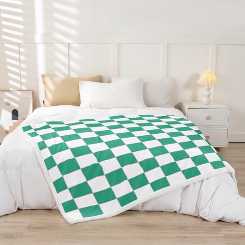 Image of Erosebridal Green Checkered Sherpa Blanket 40 inchX50 inch White Emerald Green Checkerboard Fleece Bed Blanket,Buffalo Plaid Grid Throw Blanket for Kids Adults Aesthetic Geometric Gingham Fuzzy Blanket