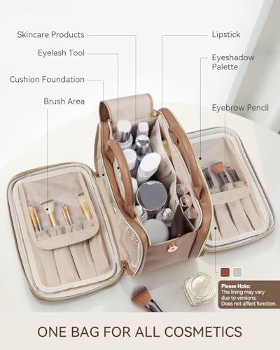 Prite Makeup Bag for Women, Large Capacity Waterproof Travel Cosmetic Organizer, Portable Open Flat Toiletry Bag with Free-standing Brush Holder and Handle(Brown Large)3
