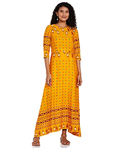 Image of plusS Georgette A-Line Dress (LDR4668-OCHERPRINT Yellow 2XL)