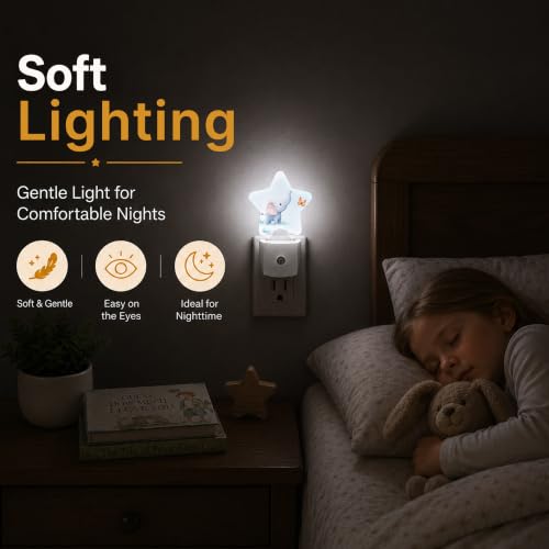 Image of Star Night Light Plug in, Elephant Butterfly Dusk to Dawn Sensor Night Light, Soft Glow Lamp for Kids Bedroom Nursery Hallway Bathroom, Energy Saving Compact Design
