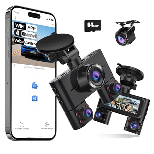360° Dash Cam Front and Rear Inside, 4 Channel Dash Camera for Cars FHD 1080Px4, Built-in Wi-Fi, 3.16” IPS Screen, WDR Night Vision, Voice Control, Included 64GB Card, 24H Parking Mode V7