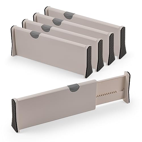 Image of APOCHON 5 Pack Adjustable Drawer Dividers, 4" High, 11-17" Long, Dresser Drawer Divider for Bedroom, Closet, Kitchen, Nursery Organization, Office, Strong & Sturdy Hold, Soft Foam Edges,Beige