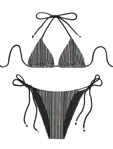 Image of ZAFUL 2 Piece Triangle Bikini for Women Knitted Rope Halter Bikini Sets Sexy Bathing Suit Side Tie Swimsuits Beachwear