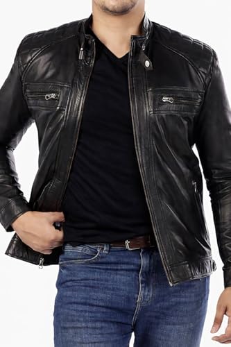Image of Genuine Leather Men's cafe racer jacket Sheepskin Stand Collar Trucker real leather Jacket