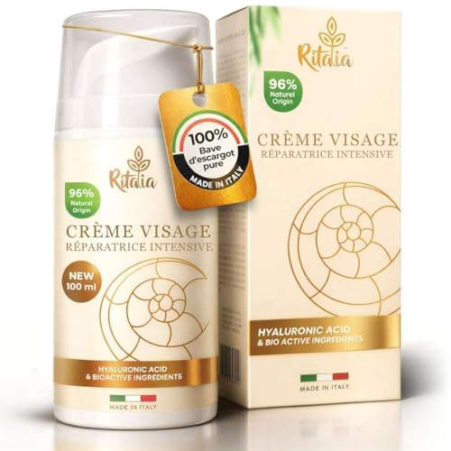 Crème visage 100 ml à la bave d'escargot à 75% et à l'acide hyaluronique pur de Ritalia, pour femme et homme – Ingrédients bio, action anti-rides et hydratante