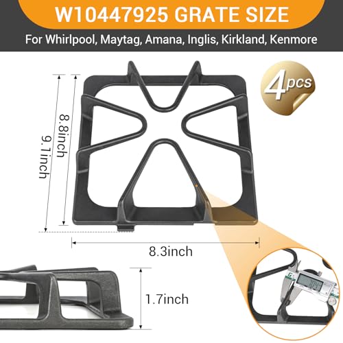 Image of Upgraded W10447925 Gas Stove Burner Replacement for Whirlpool Stove Parts,Cast Iron Stove Grate Kenmore Maytag Gas Range Part Amana Inglis Kirkland Cooktop Stove Accessories 4Pcs Stove Top Grates Rack