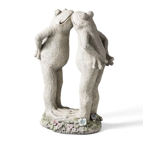 Glitzhome Kissing Couple Frog Garden Statue, 15.25" H Romantic Polyresin Outdoor Whimsical Sculpture Lightweight Weather-Resistant Figurine Art Décor with Floral Base for Yard, Patio Gift