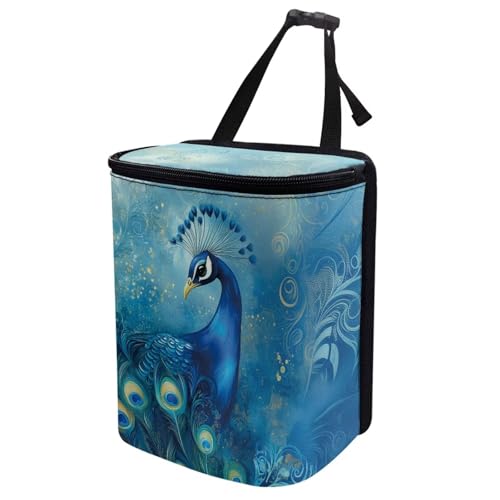 Image of Talayituse Blue Peacock Print Car Trash Bin, Large Size Auto Trash Can Adjustable Portable Garbage Can with Lid, Vehicle Hanging Bag for Headrest Front Back Seat