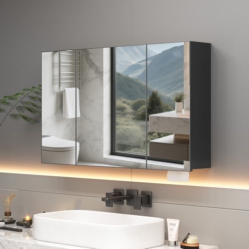 Botiquín para baño de 23,6 x 39,4 pulgadas con espejo, armario de medicinas con marco negro de metal y almacenamiento, listo para instalar, montaje empotrado o superficial miniatura 3