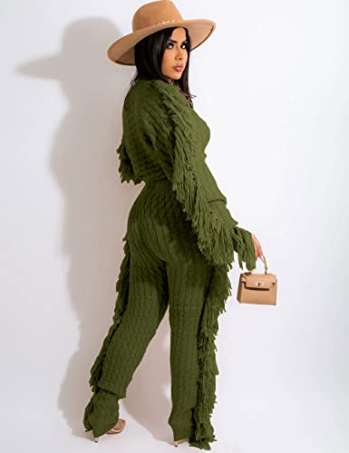 Image of KANSOON 2 Piece Sweater Set for Women Cable Knit Fringe Crop Top and Pants | Cozy feel, ribbed high waist, comfortable stretch fit for birthday and chilly going-out outfits
