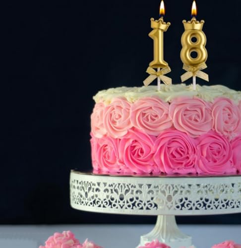 Image of Number 18 or 81 Candle with Crown for Birthday, Wedding, Valentines Day Celebration, Bridal Shower, Bachelorette Cake Topper for Decoration, 2 pc, Gold
