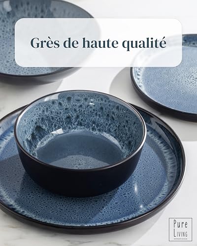 Image of 24 Piece Stoneware Dinnerware Set for 6 - Handmade Reactive Glaze Plates and Bowls Set - Chip & Scratch Resistant Dish Set - Dishwasher Microwave Safe - Dark Smoke Blue