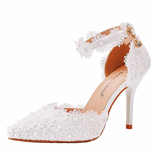 Women High Heel Pumps Pointed Closed Toe Sandals with Floral Lace Pearls Strap Stiletto Heels Bridal Wedding Dress Shoes 3.75''