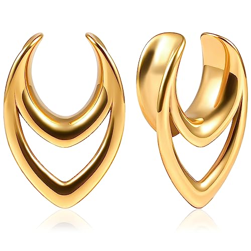 Vankula Ohr Tunnel 1 Paar Saddles Flesh Plugs Hohl Tropfen Edelstahl für männer damen Ohrpiercing Gestreckte Schmuck 12mm(1/2) Gold