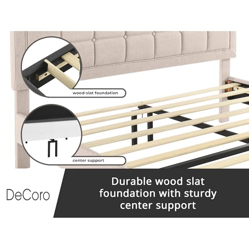 Image of Decoro Mornington Upholstered 2.0 Platform Bed, Button-Tufted Fabric Headboard and Metal Frame with Wood Slat Support, Linen, King