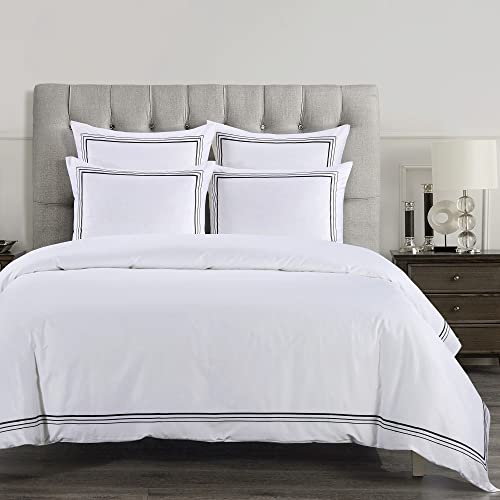 HiEnd Accents Border Embroidery 3 Piece Duvet Cover Set, King Size, White with Black Embroidery, Modern Classic Hotel Style Cotton Luxury Bedding, 1 Comforter Cover and 2 Pillowcases