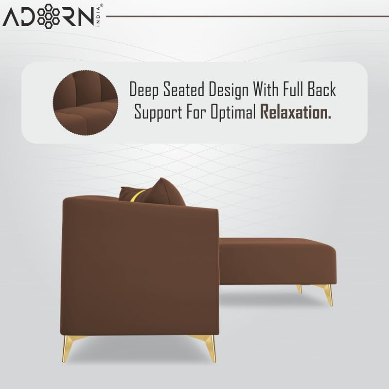Image of Adorn India Premium Mystic - 3 Years Warranty - L Shape 5 Seater Sofa Set Velvet Suede Fabric - Brown