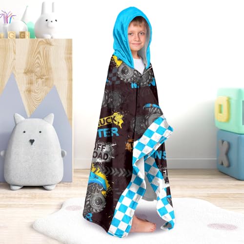 Image of Car Blue Boys Beach Towel with Hoodie for Kids Toddlers Age 4-8, Engineering Vehicle Bath Towels Shower Wrap for Boys, Hooded Poncho Beach Blanket for Pool Swimming Wearable Bath Towel for Child