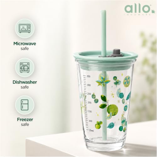 Image of Allo Reusable Glass Mug Sipper Tumbler with Straw, Unique 2 in 1 ANTI Spill Lid | Microwave Safe Leakproof Glass with Anti-Slip Grip for Hot & Cold Coffee| Car, Office, Travel use | 450ml (Green Pear)