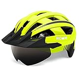 Roam Bike Helmet - Safety Certified LED Light Reflective Adult Cycling Protection with Magnetic Goggles & Sun Visor - Weather Resistant - Neon Green