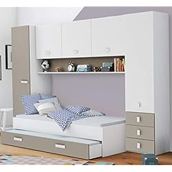 Miroytengo Pack Dormitorio Puente Infantil Juvenil Tidy Color Blanco y Arcilla. Conjunto Habitación Moderna (Armario + Cama + cajón)