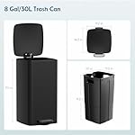 Arlopu Slim Square Trash Can, 8 Gal/30L Fingerprint-Proof Stainless Steel Step Garbage Bin, Soft-Close Lid & Removable Bucket for Kitchen, Office, Home (Black) - Image 2